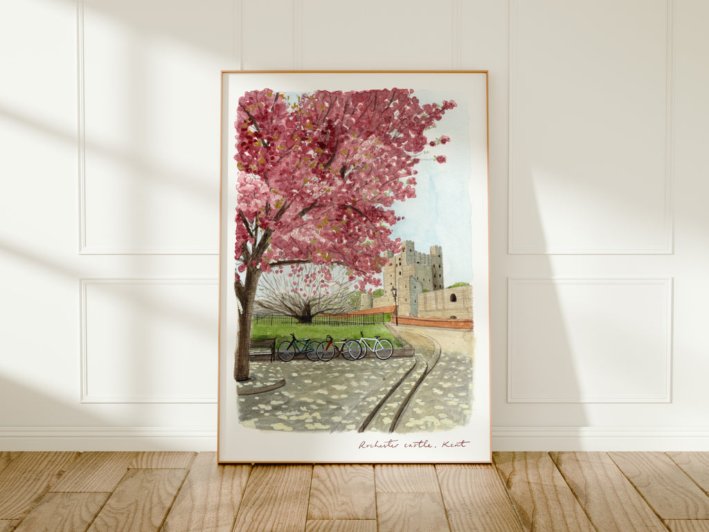 Rochester Castle Art Print, Kent, River Medway, England, Travel Watercolour Painting