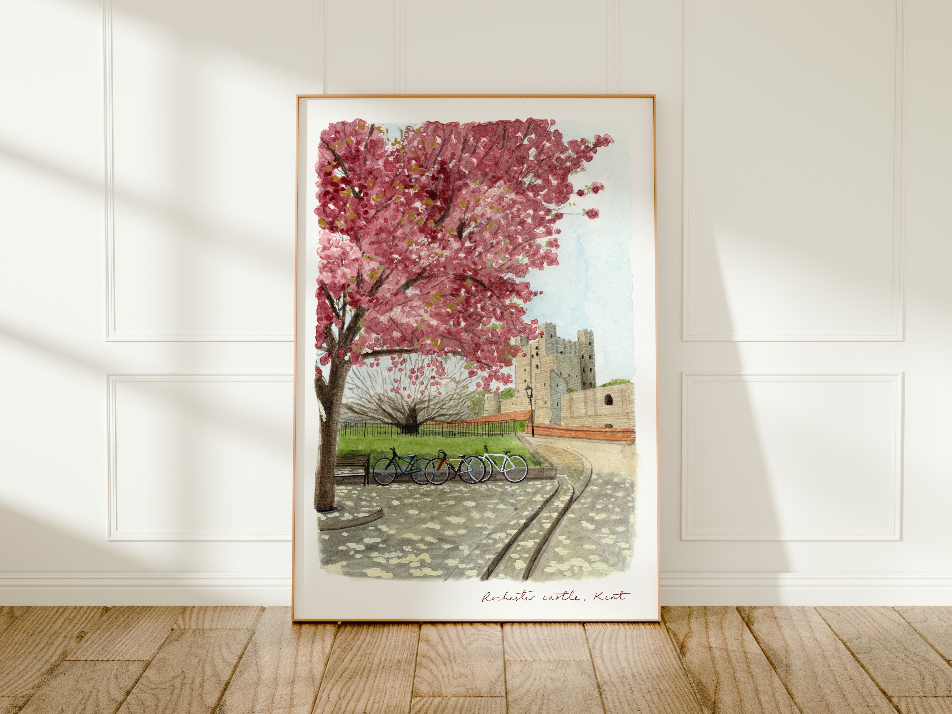 Rochester Castle Art Print, Kent, River Medway, England, Travel Watercolour Painting