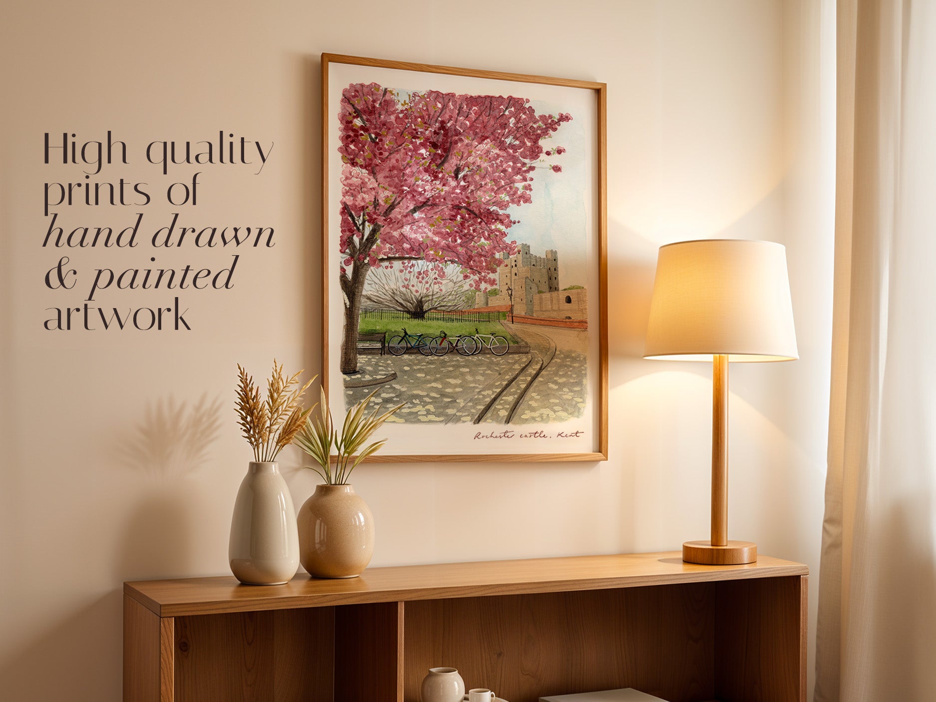 Rochester Castle Art Print, Kent, River Medway, England, Travel Watercolour Painting