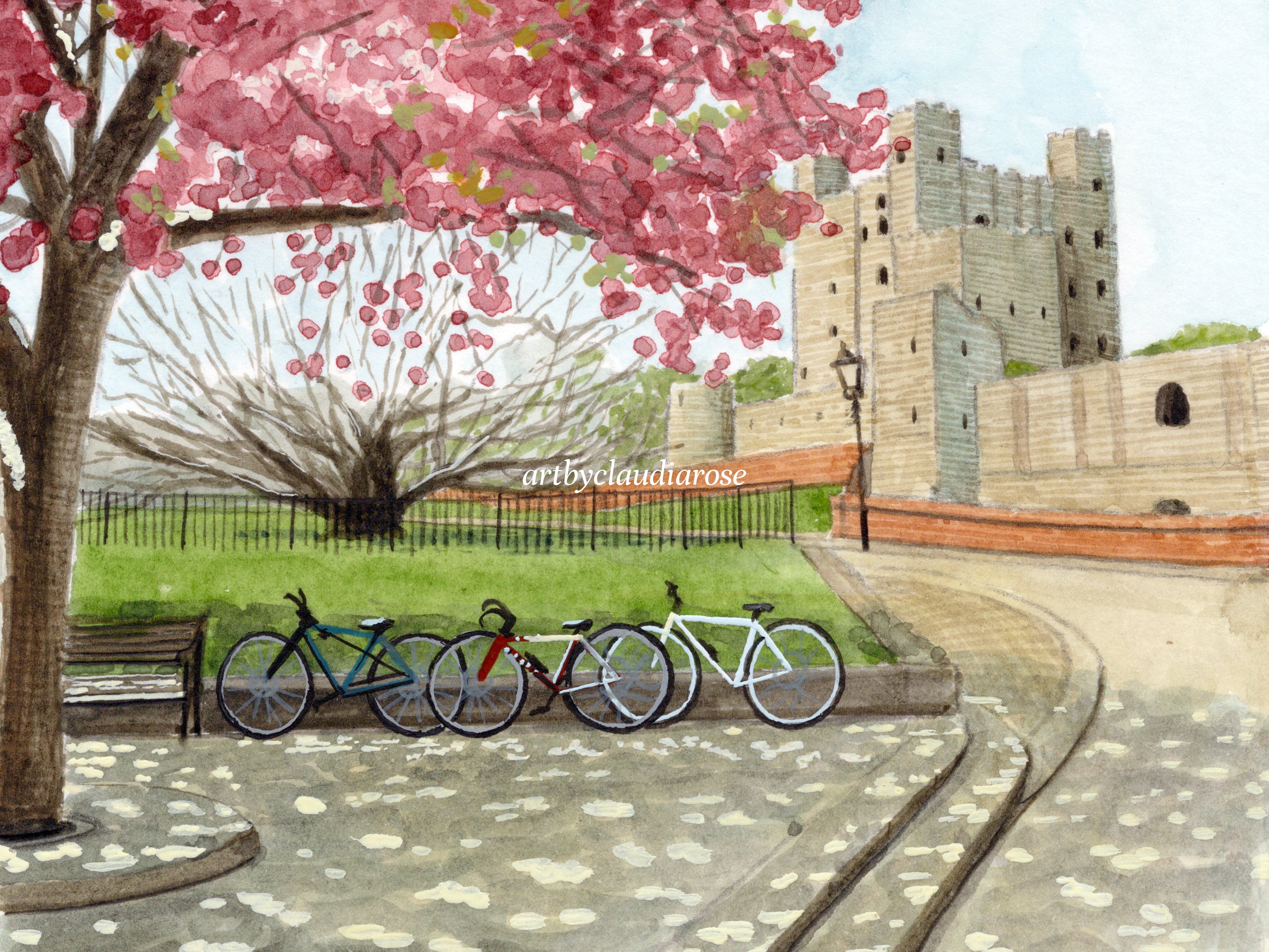 Rochester Castle Art Print, Kent, River Medway, England, Travel Watercolour Painting