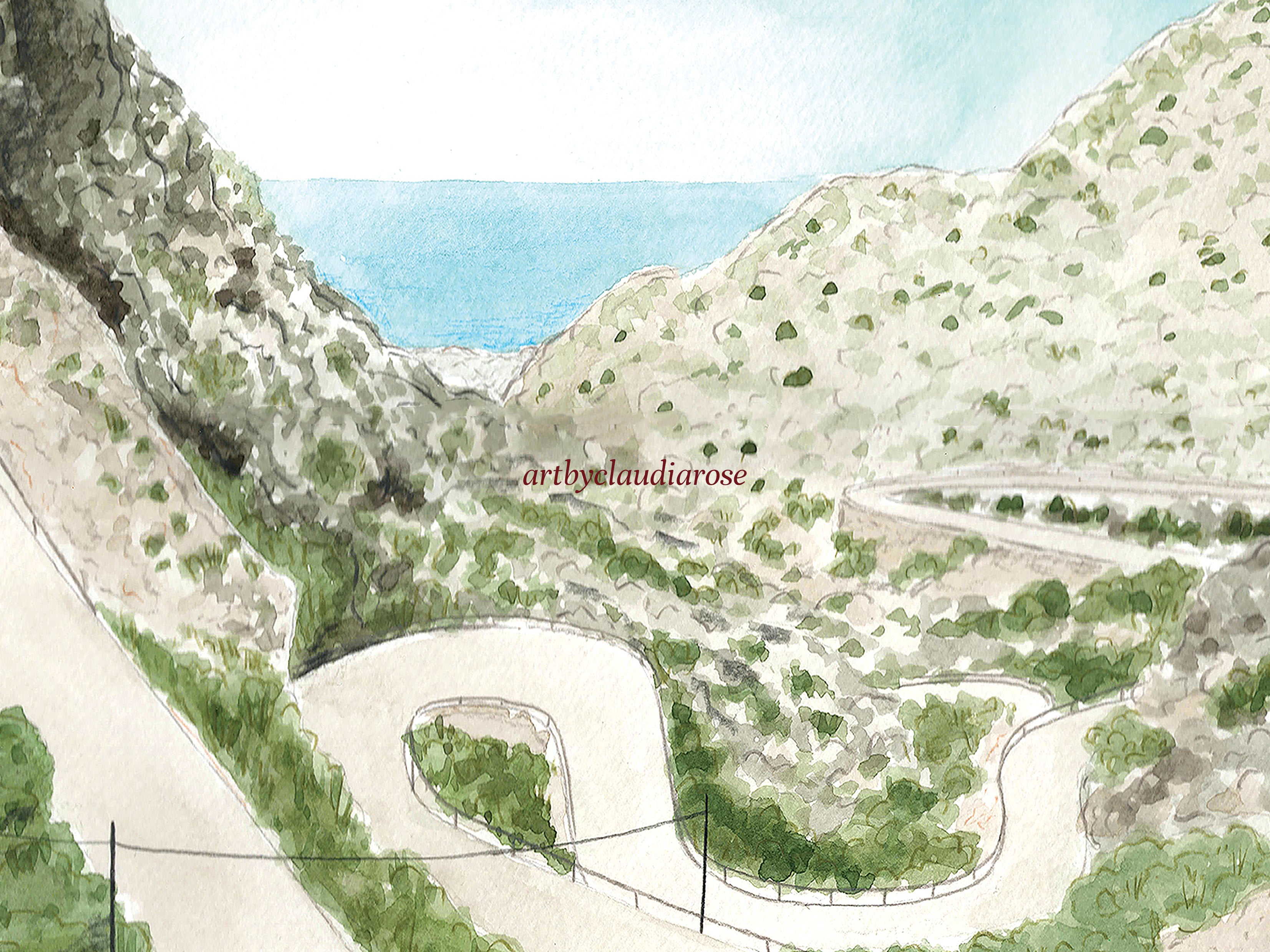 Sa Calobra Road Art Print, Mallorca, Spain, Travel Watercolour Painting