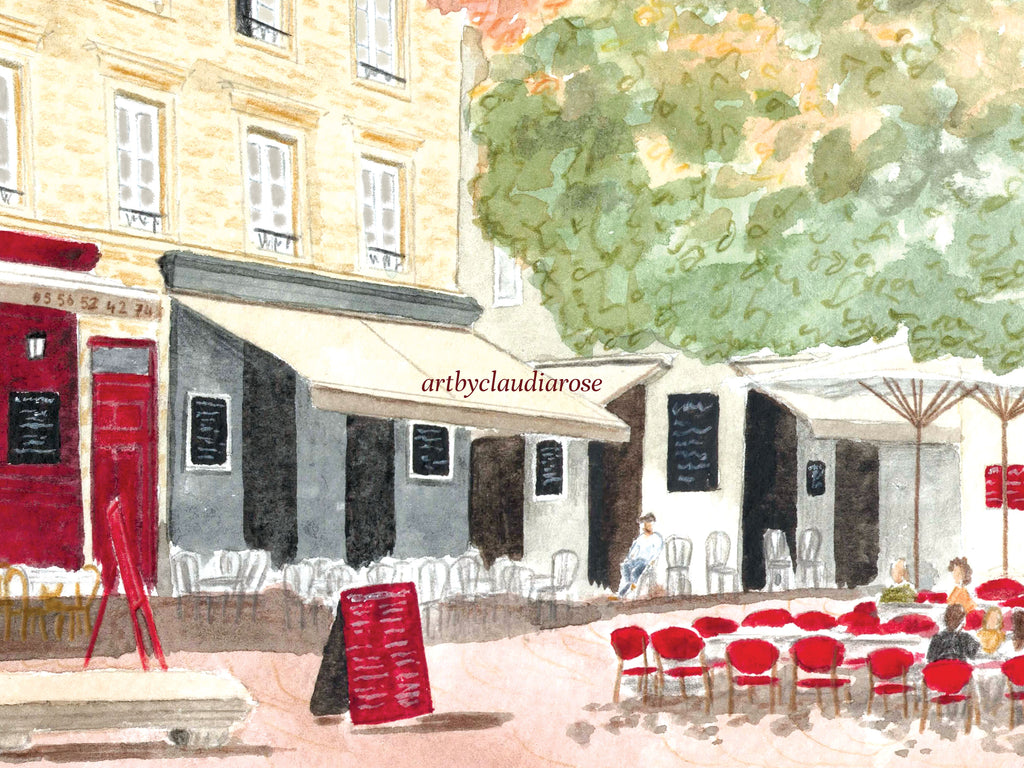 Bordeaux Art Print, Saint Pierre Town Square, France, Travel Watercolour Painting