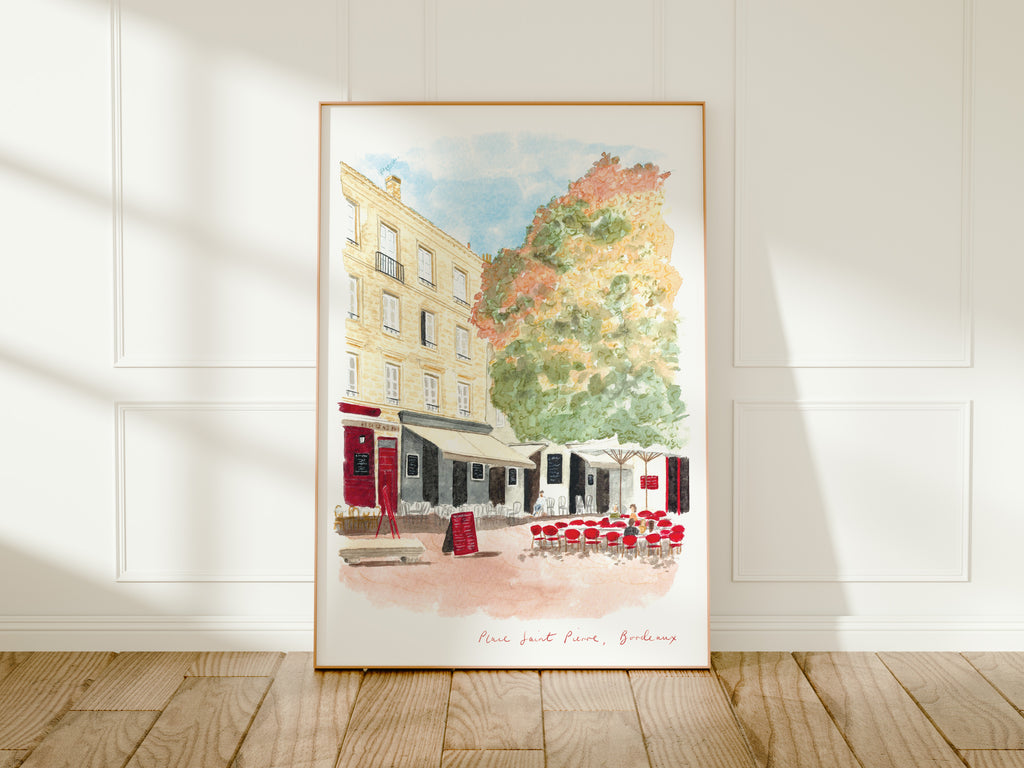 Bordeaux Art Print, Saint Pierre Town Square, France, Travel Watercolour Painting