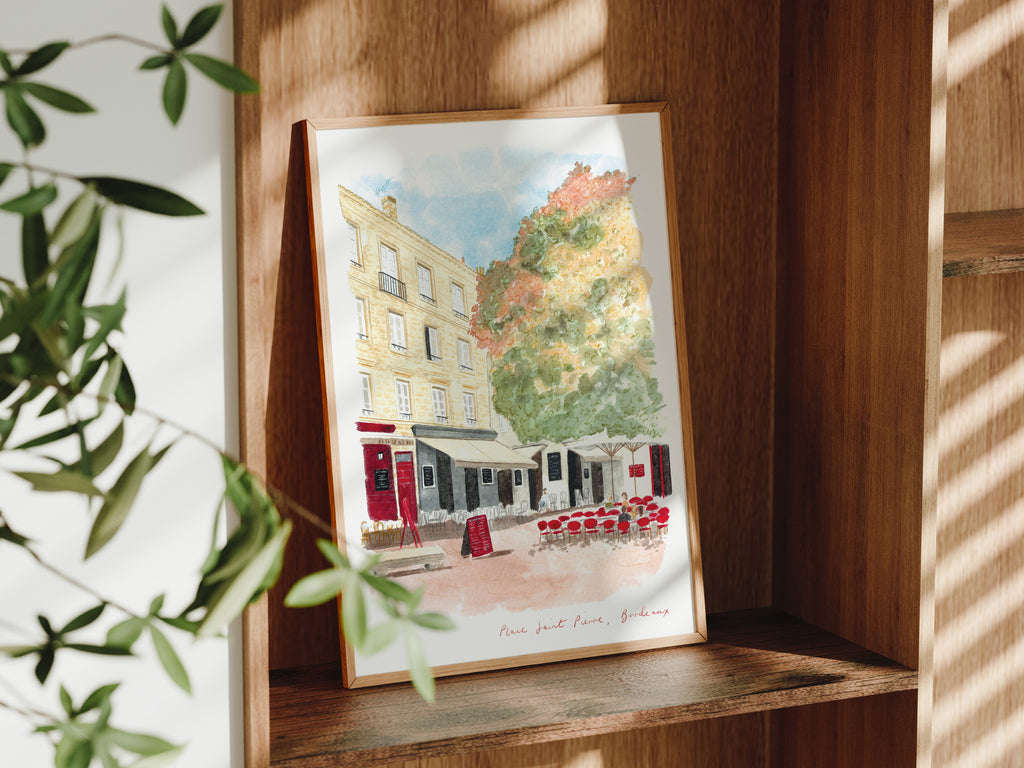 Bordeaux Art Print, Saint Pierre Town Square, France, Travel Watercolour Painting