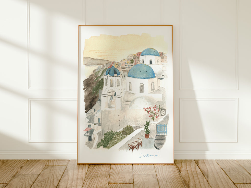Santorini Art Print, Greek Islands, Greece, Travel Watercolour Painting