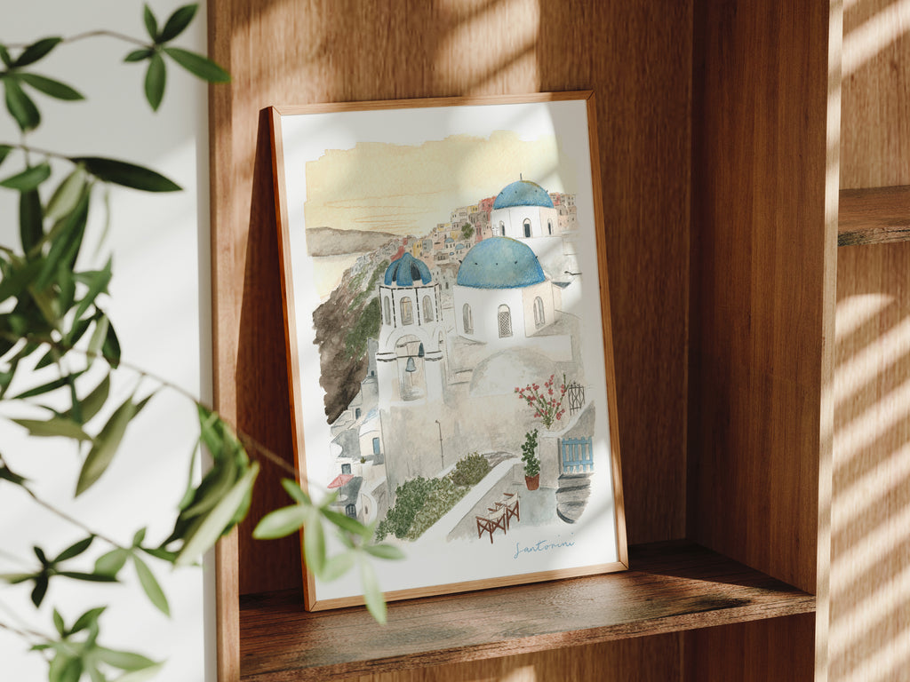 Santorini Art Print, Greek Islands, Greece, Travel Watercolour Painting