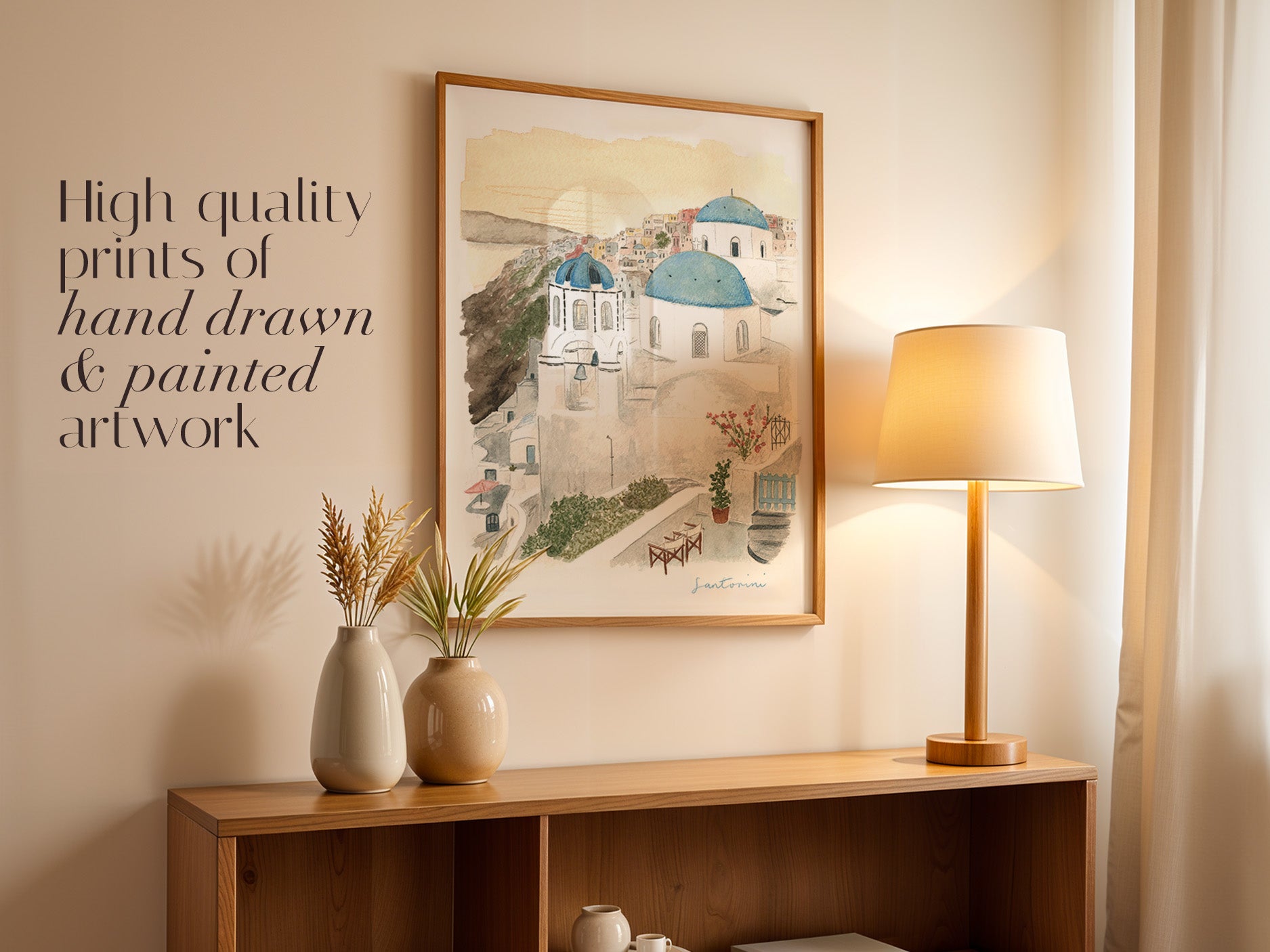 Santorini Art Print, Greek Islands, Greece, Travel Watercolour Painting