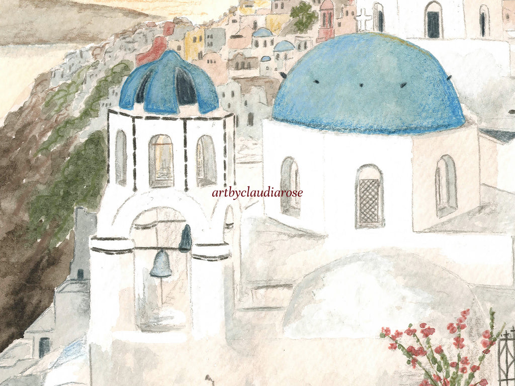 Santorini Art Print, Greek Islands, Greece, Travel Watercolour Painting