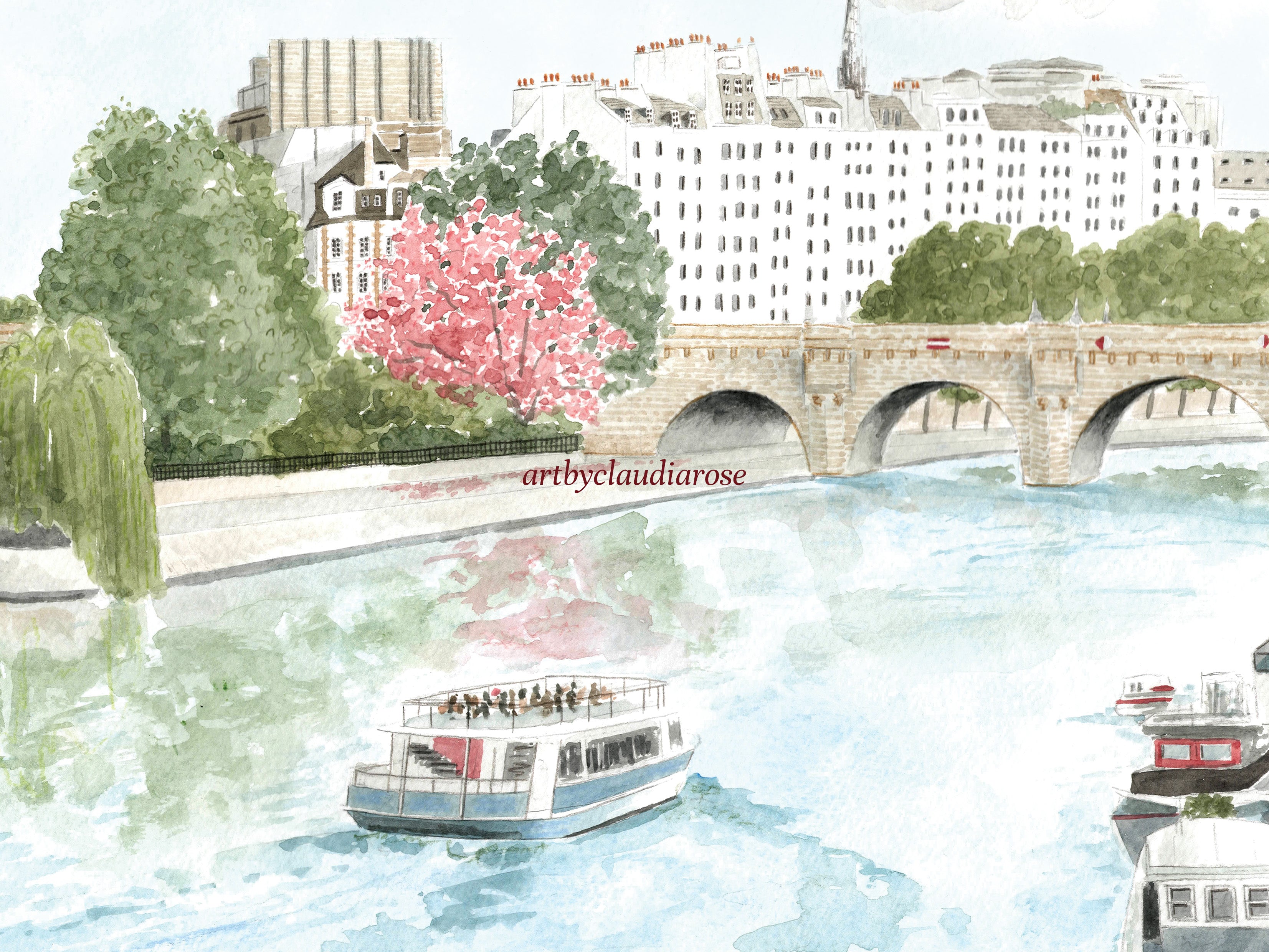 River Seine Art Print, Paris, Pont Neuf, France, Travel Watercolour Painting