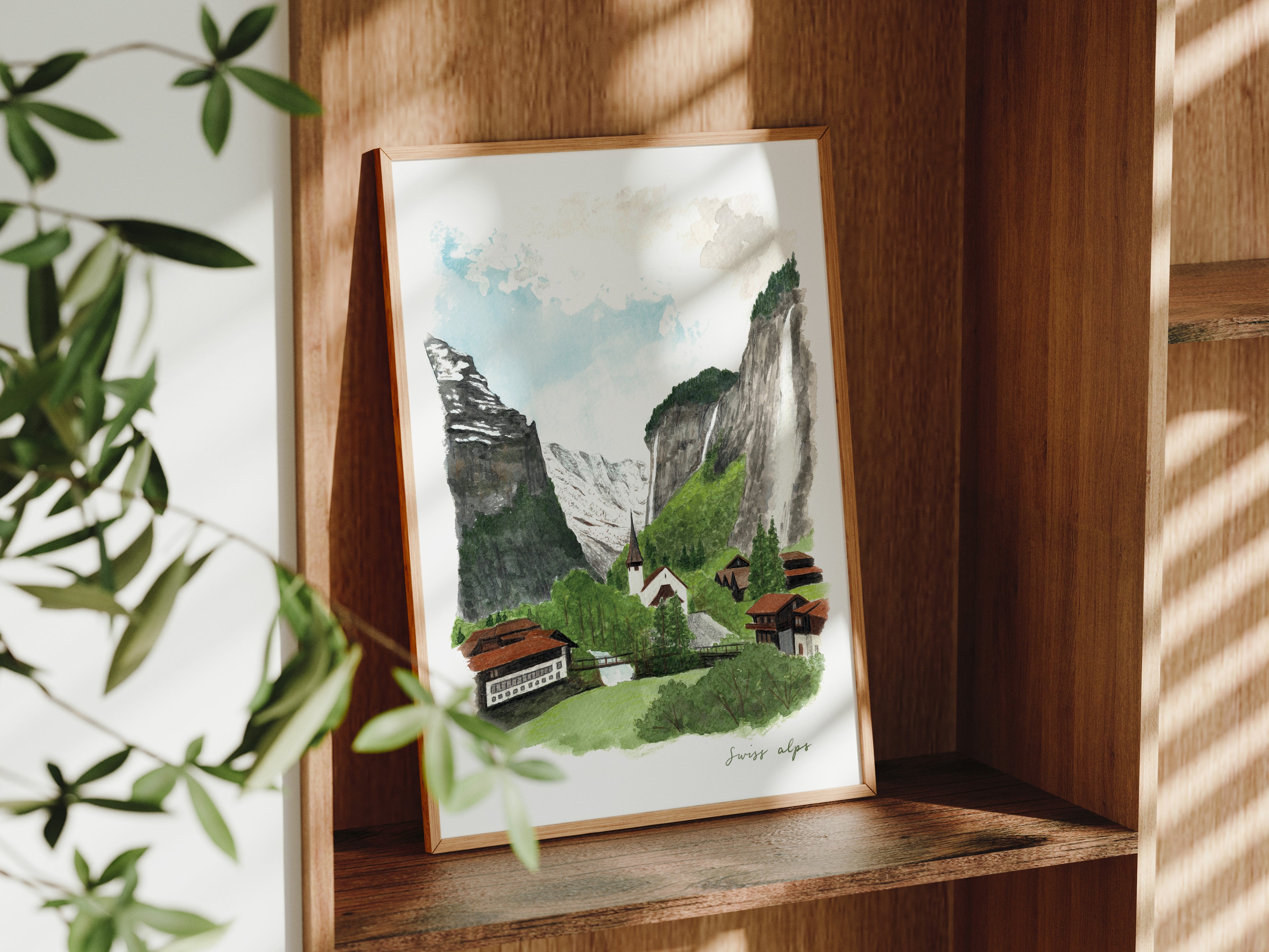 Swiss Alps Art Print, Lauterbrunnen, Switzerland, Travel Watercolour Painting