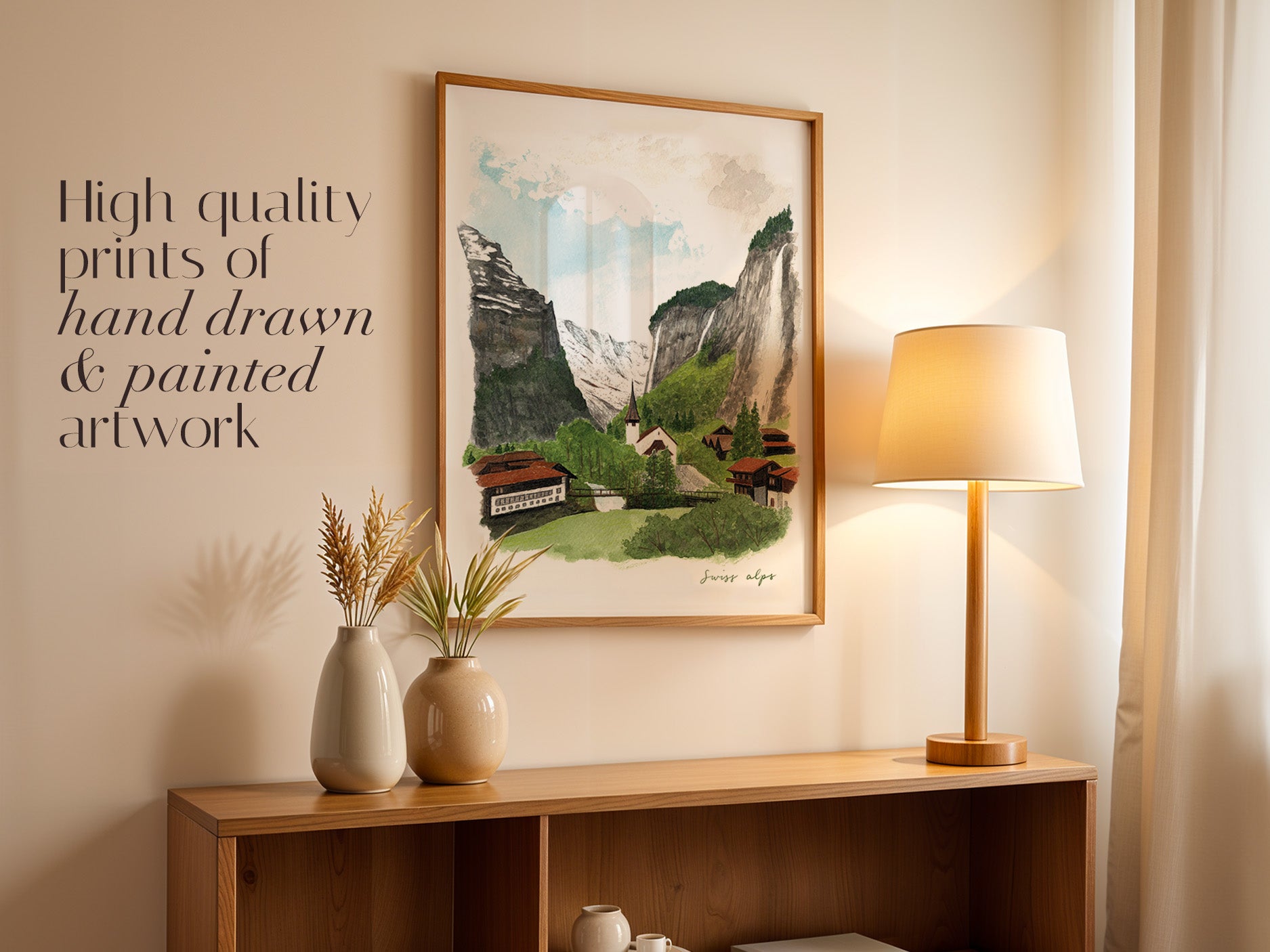 Swiss Alps Art Print, Lauterbrunnen, Switzerland, Travel Watercolour Painting