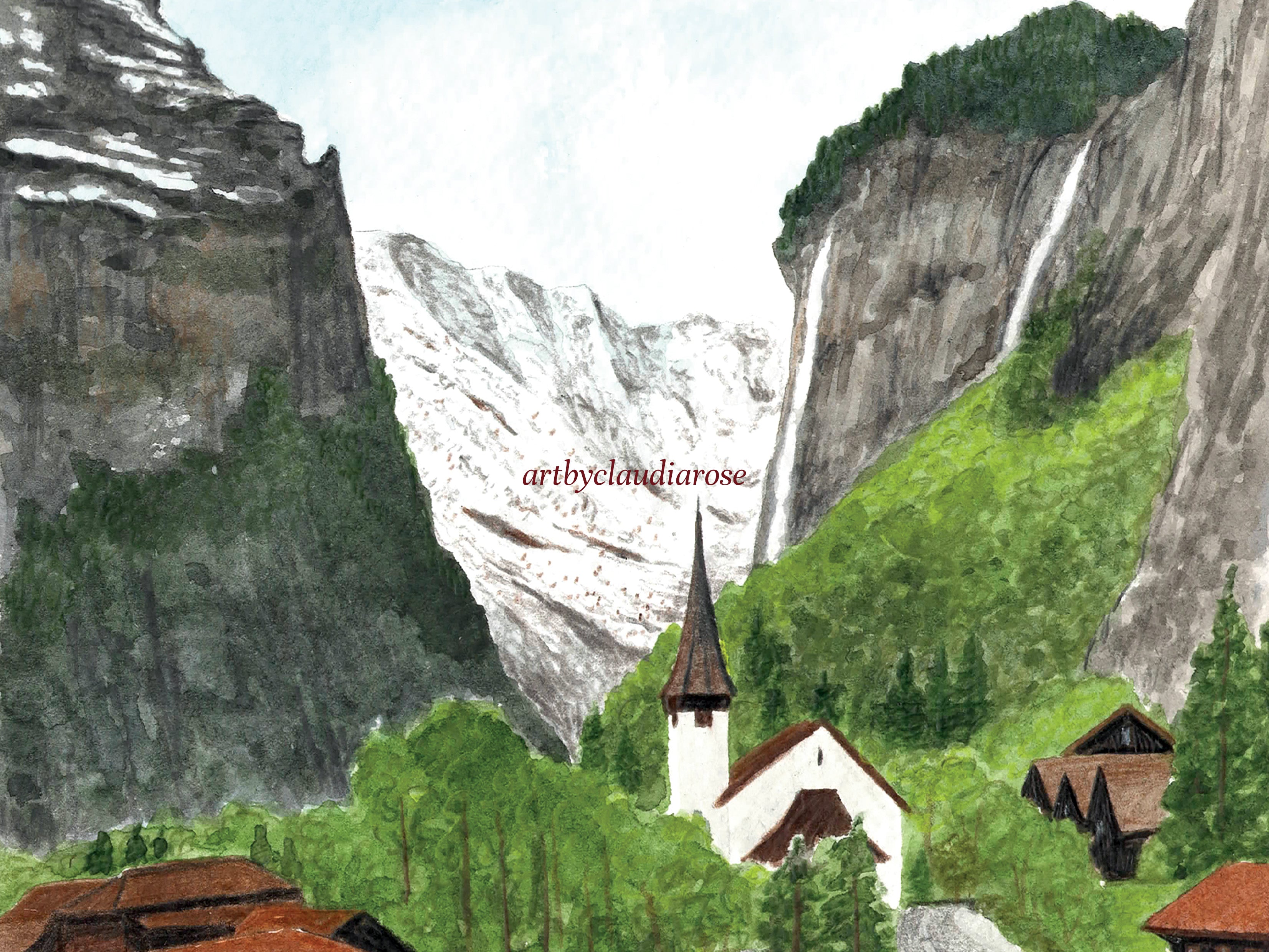 Swiss Alps Art Print, Lauterbrunnen, Switzerland, Travel Watercolour Painting