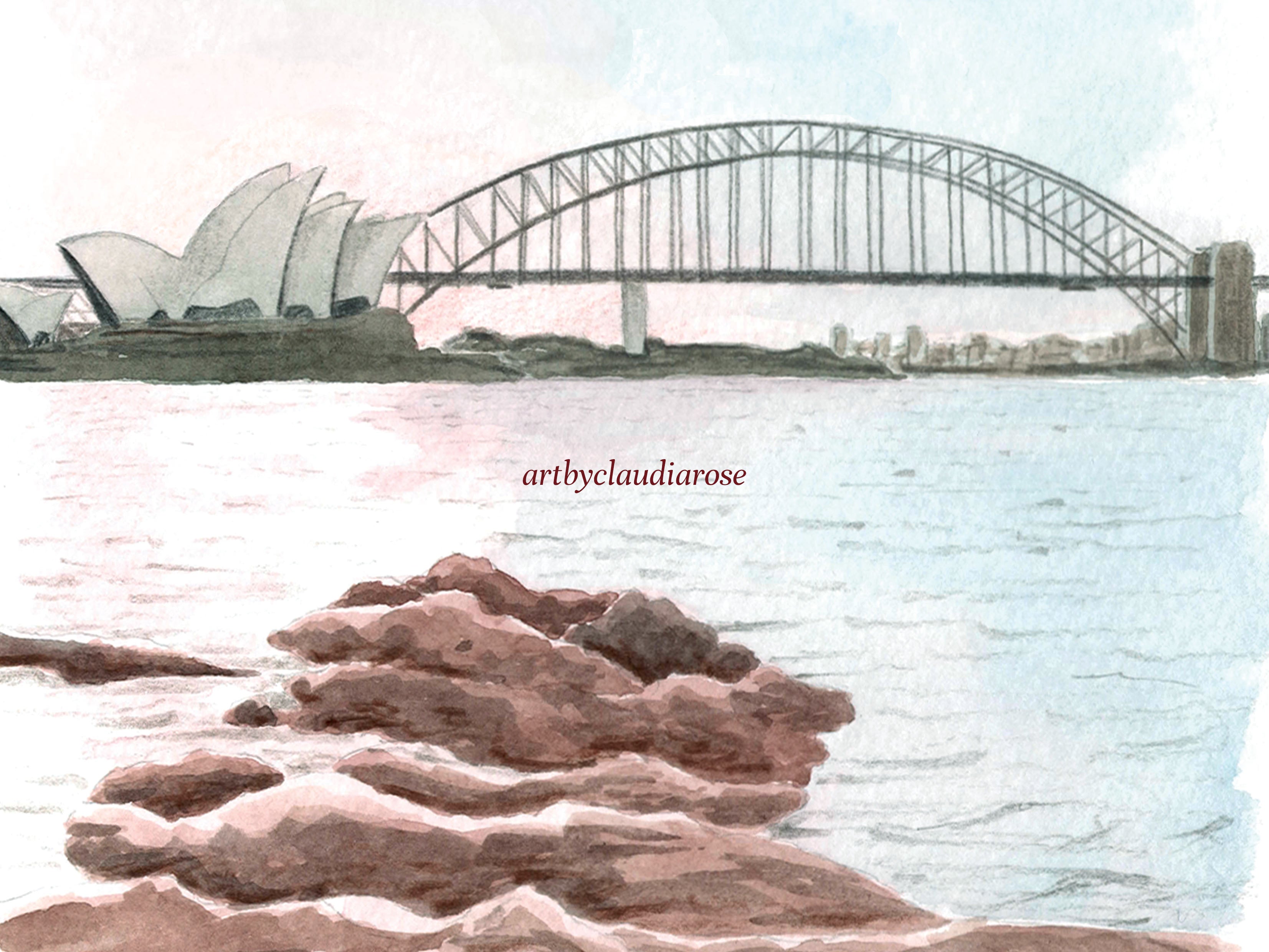 Sydney Opera House Art Print, Australia, Harbour Beach, Travel Watercolour Painting
