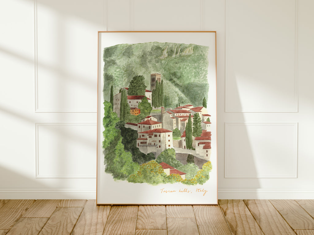 Tuscany Art Print, Barga, Tuscan Hills, Italy, Travel Watercolour Painting