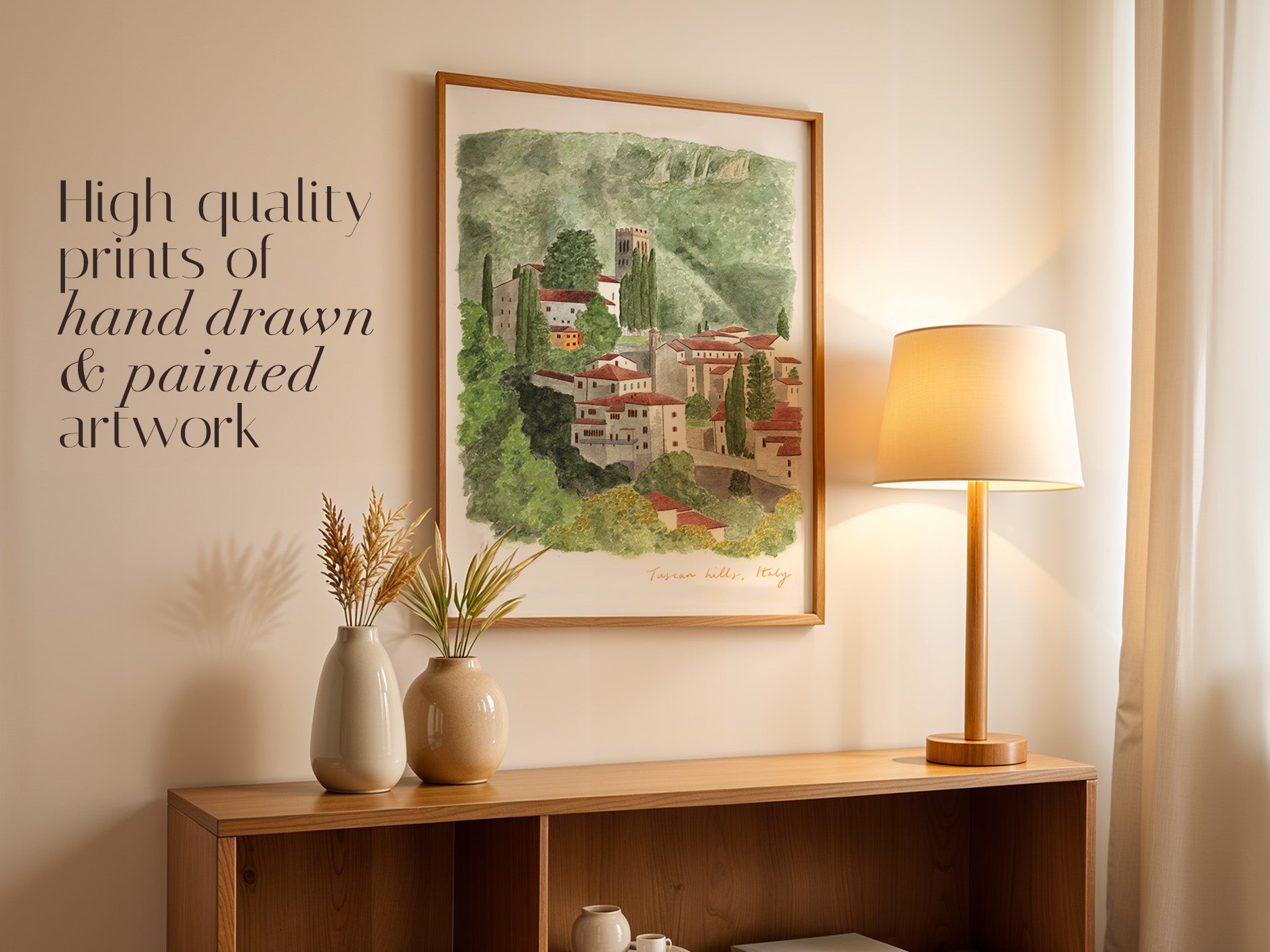 Tuscany Art Print, Barga, Tuscan Hills, Italy, Travel Watercolour Painting