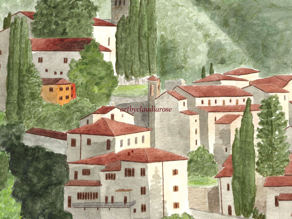 Tuscany Art Print, Barga, Tuscan Hills, Italy, Travel Watercolour Painting