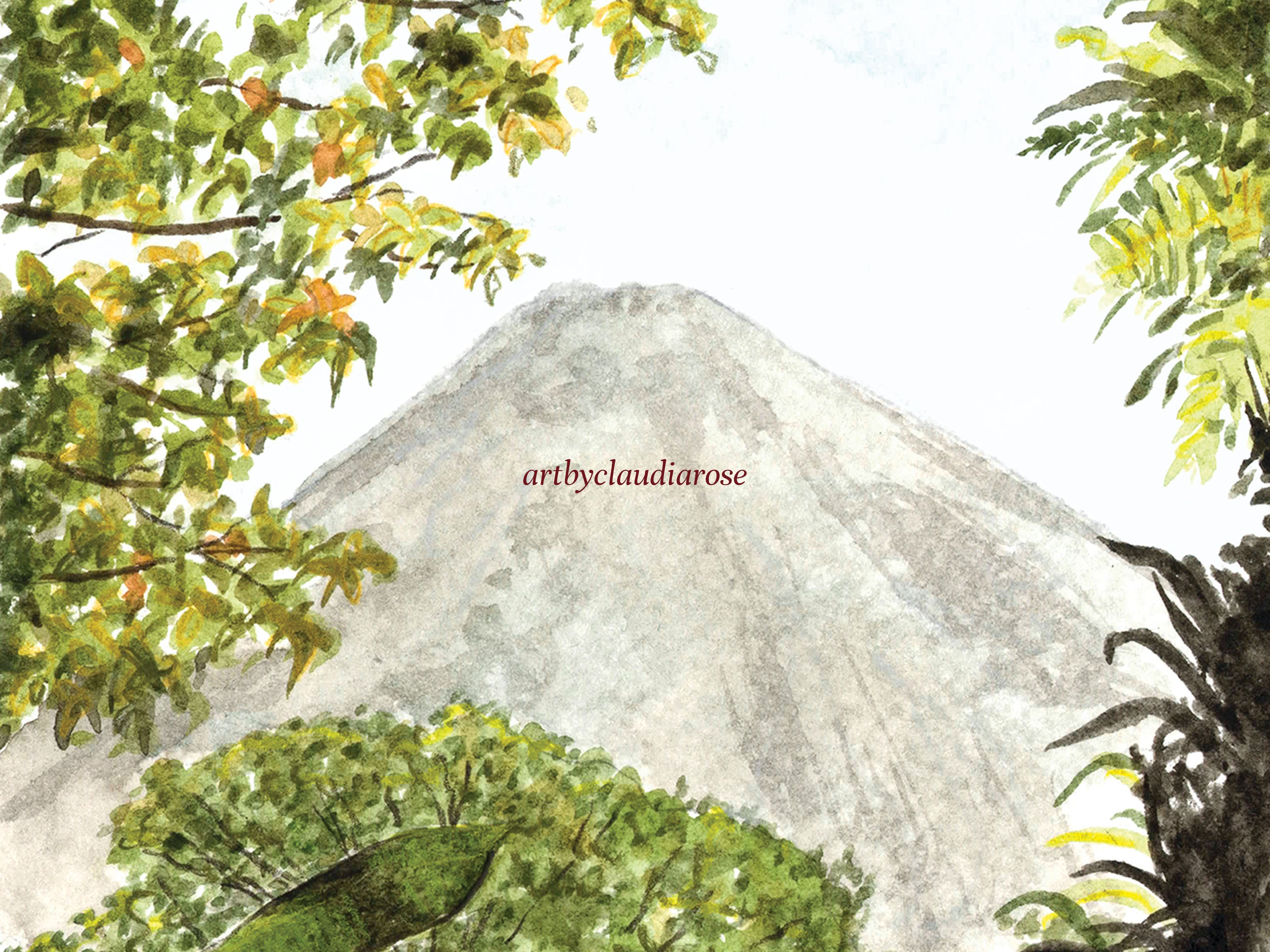 Costa Rica Art Print, Arenal Volcano, USA, Travel Watercolour Painting