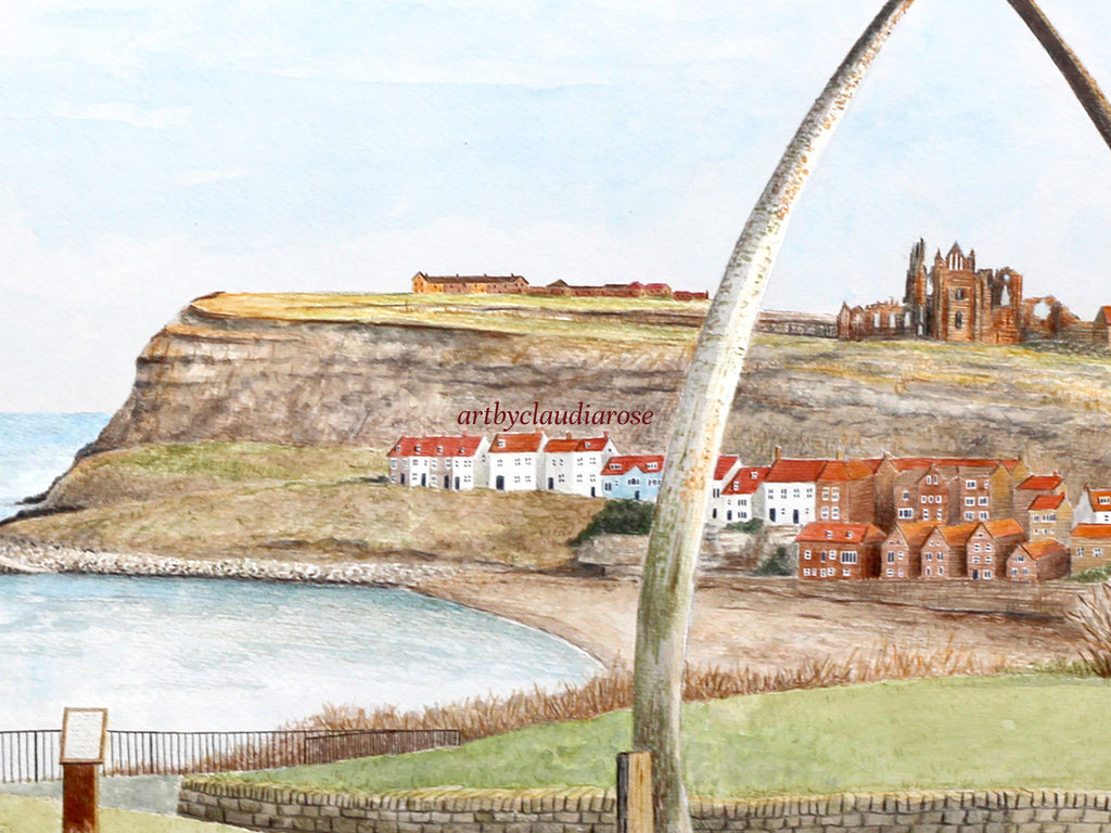 Whitby Art Print, North Yorkshire, Whalebones, England, Travel Watercolour Painting