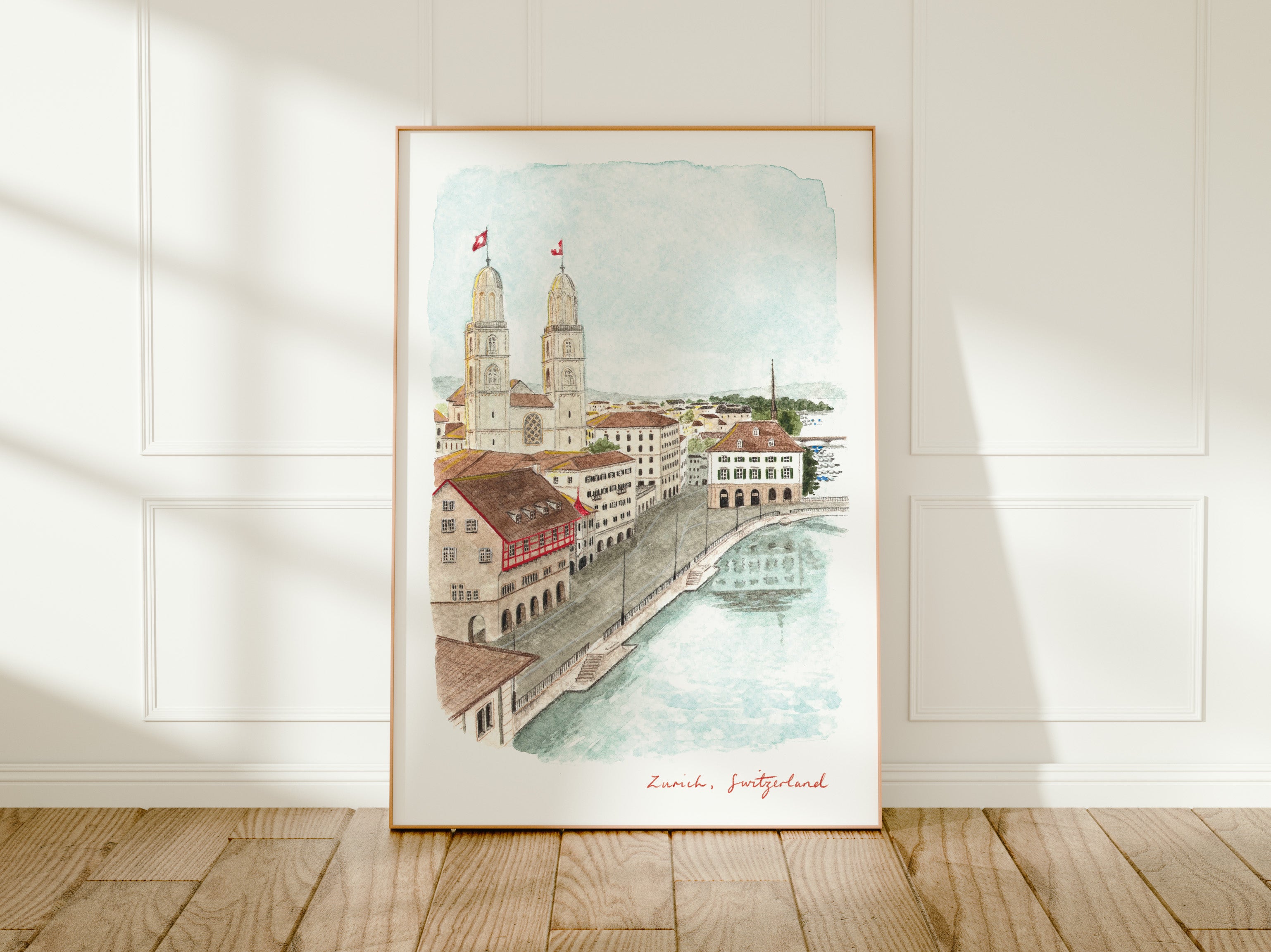 Zurich Art Print, Switzerland, Grossmünster Cathedral, Travel Watercolour Painting