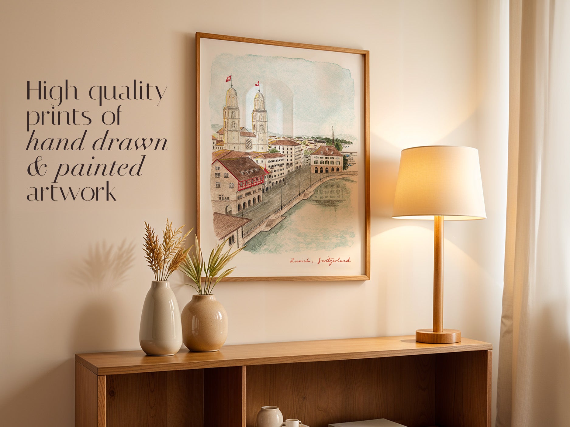 Zurich Art Print, Switzerland, Grossmünster Cathedral, Travel Watercolour Painting