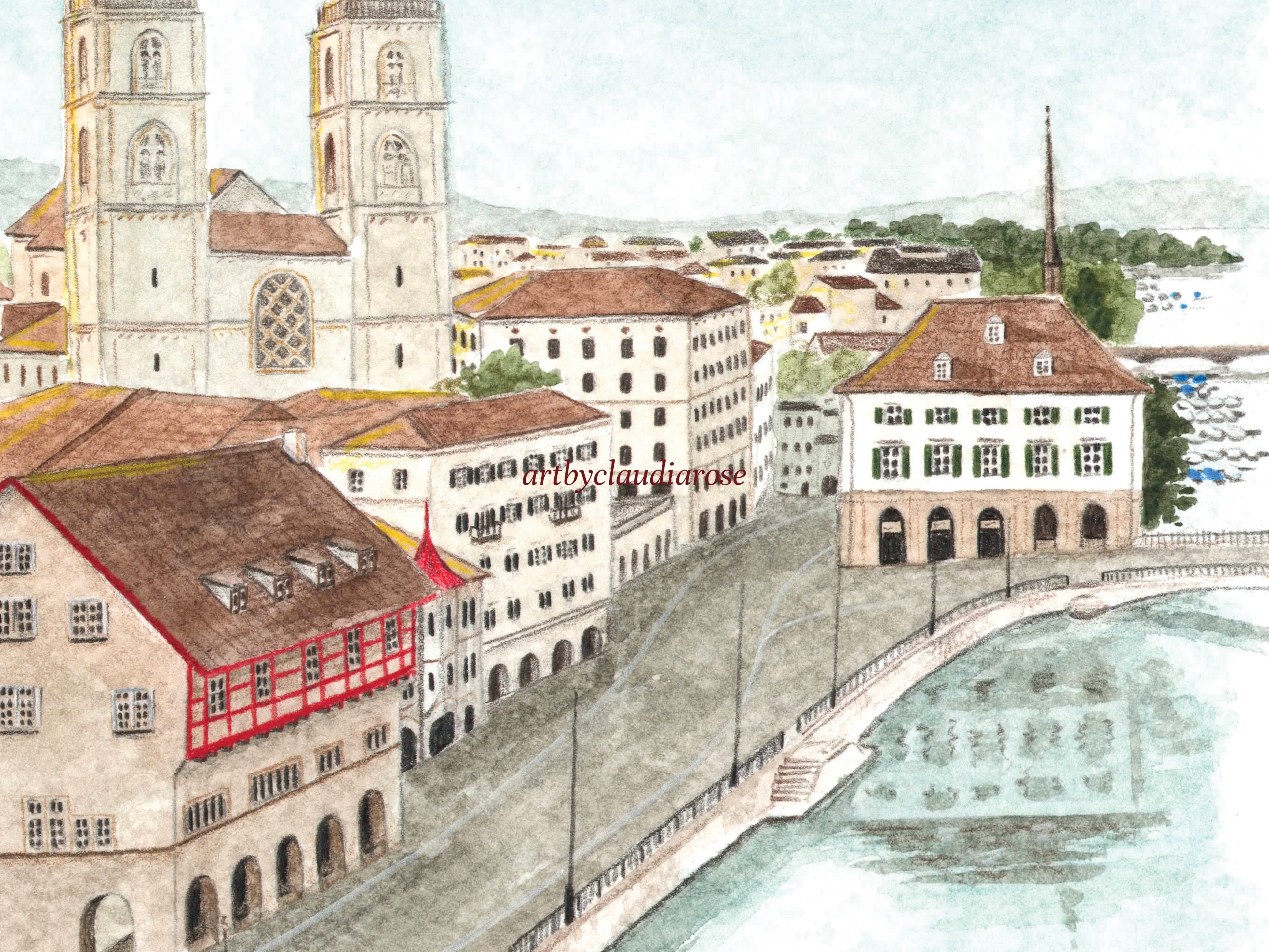 Zurich Art Print, Switzerland, Grossmünster Cathedral, Travel Watercolour Painting
